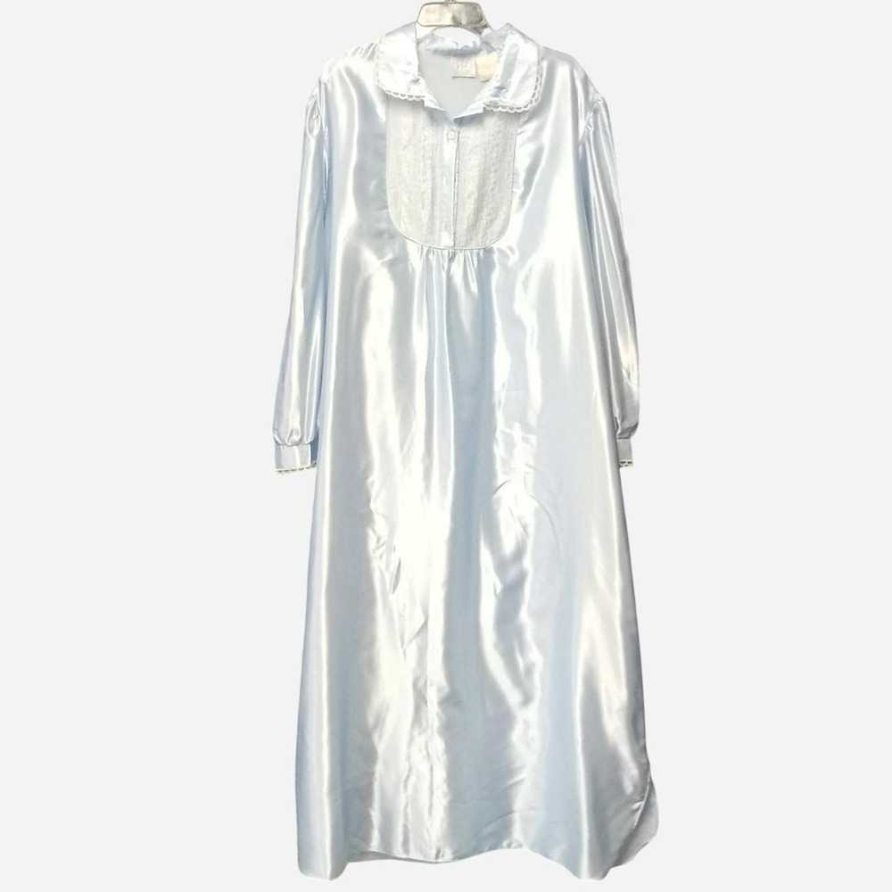 Vintage Grannycore Appel Sleepwear Blue Satin Nightgown with Lace Trim Size XL